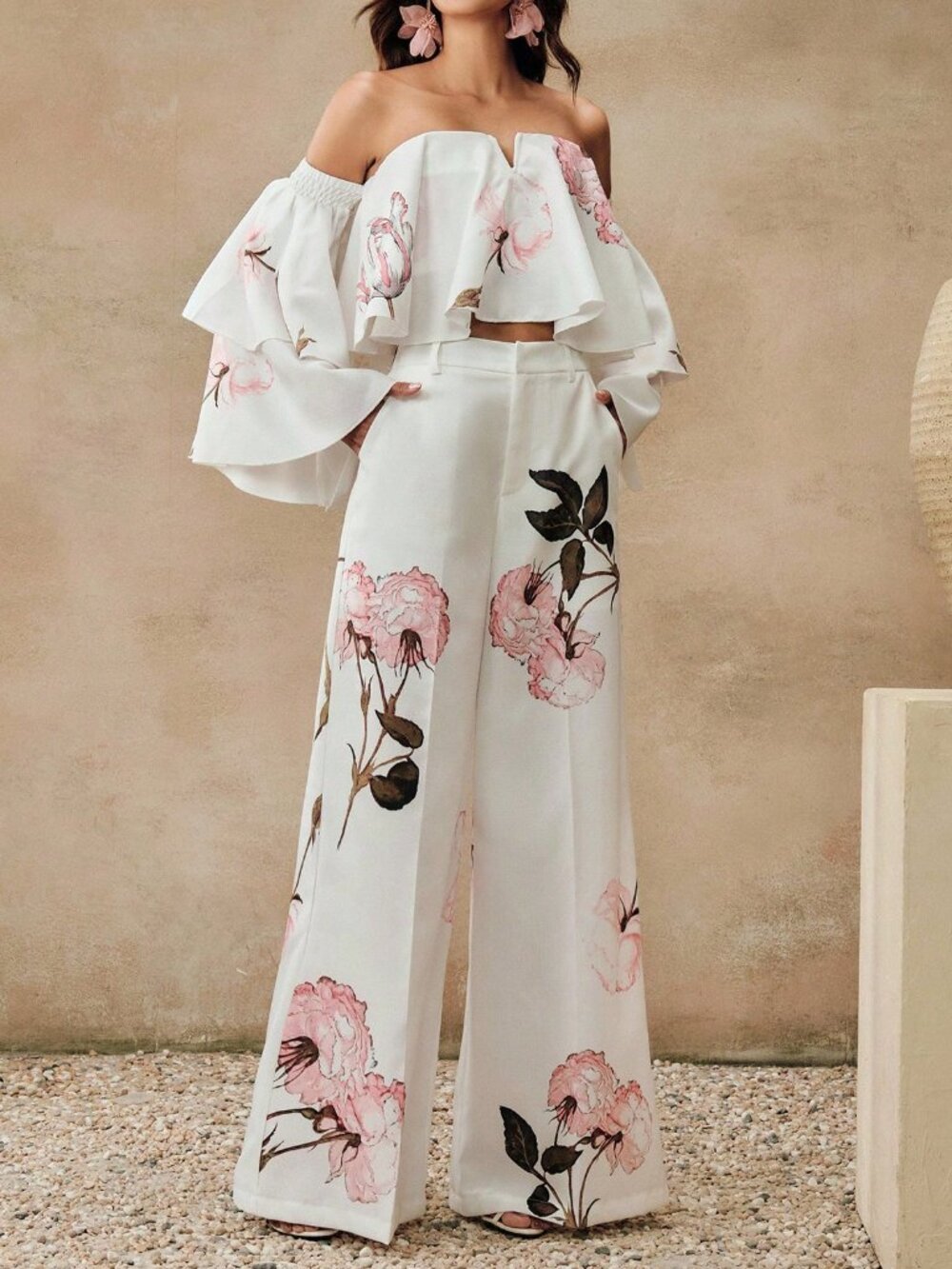 White Elegant Women's Floral Strapless Ruffle Trim Top & Loose Wide Leg Pants